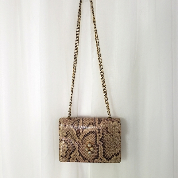 Finesse tan burgundy metallic snakeakin chain strap evening bag unique clasp - Picture 1 of 6